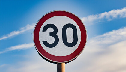 Wall Mural - Traffic sign 30 km/h, speed limit for speeding vehicles with blue sky and clouds on background.