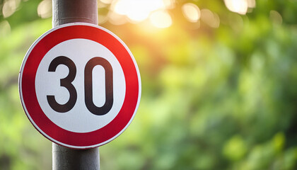 Traffic sign 30 km/h maximum, speed limit for speeding vehicles. Green natural background. Close-up.