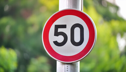 Wall Mural - Traffic sign 50 km/h, speed limit for speeding vehicles. Blurred green natural background. Close-up.