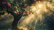 © 69 - An apple tree in full bloom with sunlight shining through its canopy, creating a magical glow around the ripening apples
