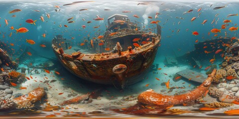 Canvas Print - An immersive 360-degree equirectangular panorama of a dramatic underwater shipwreck, with rusting hulls and twisted metal surrounded by