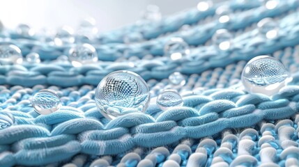 Water Resistant Fabric Texture with Close Up of Water Droplets on Blue Knit Material