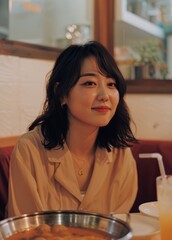 Poster - a beautiful, gentle young Asian woman in a Japanese restaurant with a warm and elegant atmosphere