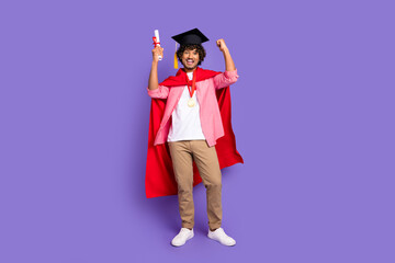 Wall Mural - Full size photo of nice young man mortarboard diploma cape wear shirt isolated on violet color background