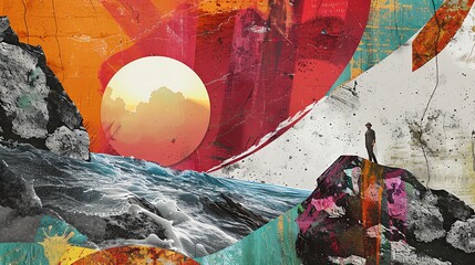 Poster - Surreal digital collage with a lone figure, abstract landscapes, and colorful artistic elements creating a dreamlike atmosphere.