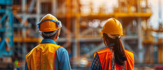 Engineers in safety gear working on site