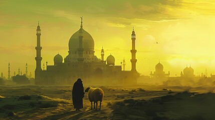 Man guiding a sheep towards a mosque at dusk, intricate shadows and highlights, digital oil painting, spacious foreground and sky for ample copyspace