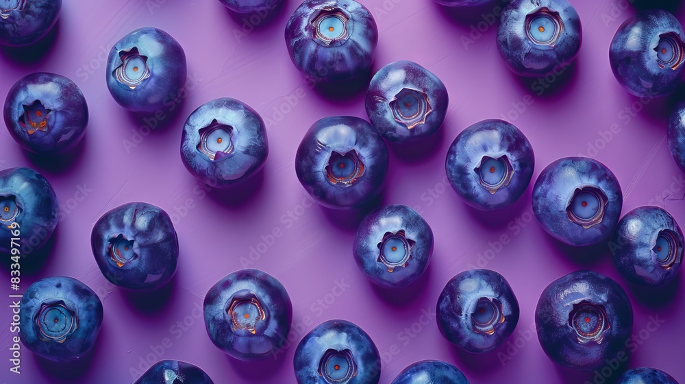 Vibrant blueberries on a purple backdrop, highlighting their freshness and rich color. Ideal for culinary and health-related visuals