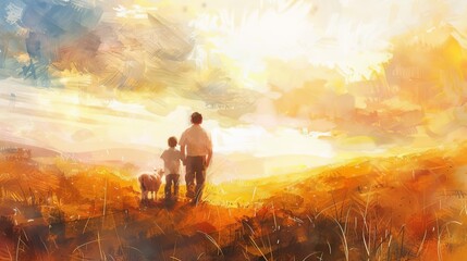 Rear view of a father and son with a sacrificial lamb in a serene meadow, vibrant sunset colors, soft watercolor style, ample copyspace on the right side of the image