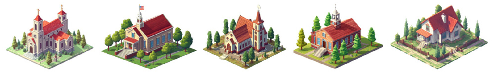 Wall Mural - church isometric architecture illustration set