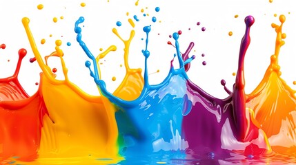 Poster - Vibrant splashes of colorful paint create an abstract pattern on a white background, symbolizing creativity and artistic expression.