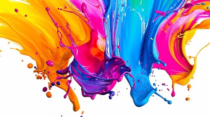 Poster - Vibrant splashes of colorful paint creating an abstract design, showcasing bright hues and artistic expression on a white background.