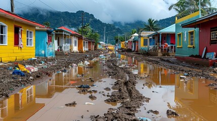 Poster - Explore the interconnectedness of environmental, social, and economic factors shaping vulnerability to extreme weather events with photos of communities building