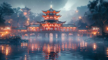 a mysterious Japanese style temple at night