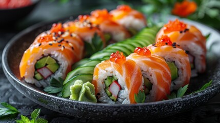 Wall Mural - Highlight the vibrant colors and textures of a plate of vegetarian sushi, featuring fresh vegetables, creamy avocado, and sticky rice.