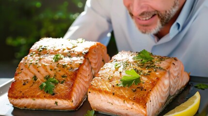 Wall Mural - A close-up shot of a grilled salmon fillet with a