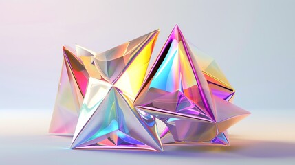 Poster - Colourful holographic geometric shapes in a vibrant composition with clean background, capturing modern aesthetics and vibrant light reflections.