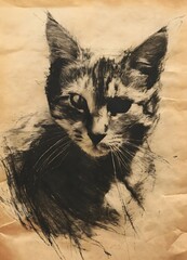 Canvas Print - AI-generated illustration of a Detailed sketch of a cat on paper in black line art