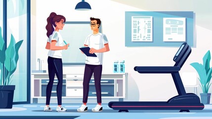 Poster - Two colleagues collaborating and discussing fitness assessments to measure employee progress and set new goals in a modern office workspace interior