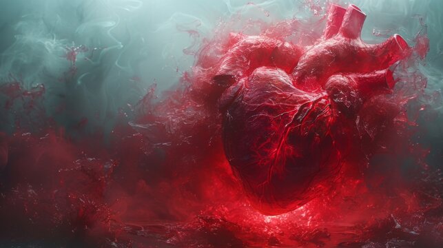 Paint a scene of a heart attack, illustrating how a sudden blockage in a coronary artery can deprive the heart