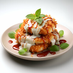 Wall Mural - Fried pancakes with sour cream and caramel sauce on a white background