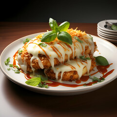 Wall Mural - Crispy fried chicken fillet with cheese and basil on a plate