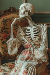 Wall Mural - A skeleton in a floral dress sits alone on an antique chair against the background of a vintage wall.