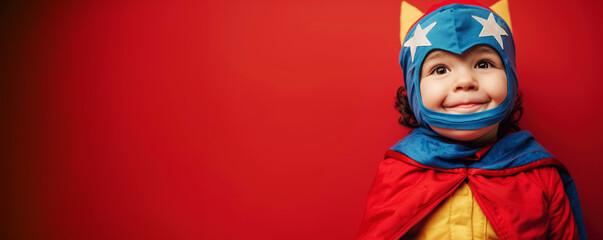 Portrait of a happy child dressed in a superhero costume posing on a red background with copy space.