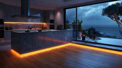 Sticker - Transform your kitchen into a chic entertainment zone at night with a large TV screen and LED strips lining the