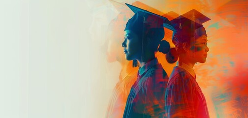 Wall Mural - happy students graduating, cap and gown, focus on, dynamic hues, Double exposure silhouette with graduation caps