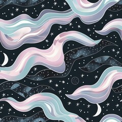 Wall Mural - Mystical Night Sky with Pastel Waves and Celestial Bodies