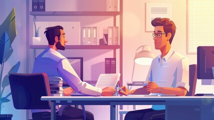 Poster - Two professionals engaged in a performance review meeting with the manager providing constructive feedback and guidance to the employee within a modern office environment The scene depicts a