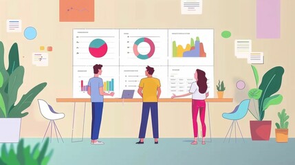 Poster - Marketing team collaborating on a campaign strategy analyzing data and insights presented through vibrant charts graphs and infographics to drive business growth and success