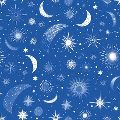 Wall Mural - Enchanting Midnight Blue Celestial Pattern with Moons and Stars