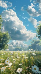 Wall Mural - A field of daisies under a blue sky