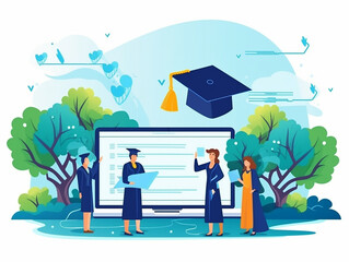 Online education concept in flat style. Graduating student gets diploma online scene. Distance learning service  professional courses banner