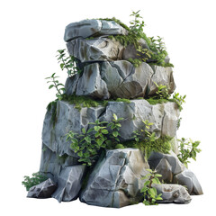 Canvas Print - [Transparent Background PNG]Grey rocks with green plants growing on it