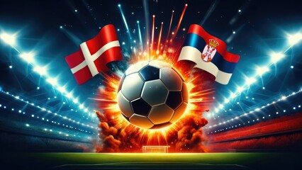 Wall Mural - Denmark vs Serbia football match, country flags, soccer ball and stadium, UEFA Euro 2024, UEFA European Football Championship 2024, 3nd round, 3nd group stage