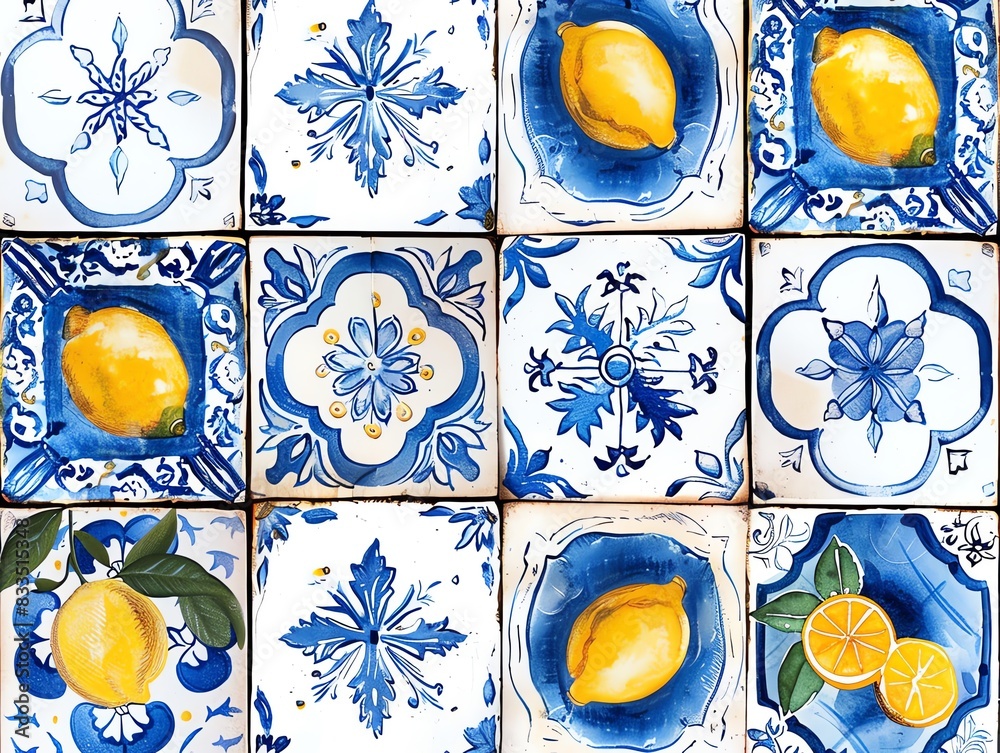 A collection of hand-painted ceramic tiles featuring lemons and floral ...