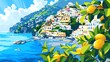 © clipart and bundle - A beautiful digital painting of a Mediterranean village on the Amalfi Coast