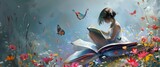 Fototapeta Uliczki - Girl Immersed in a Book, Surrounded by Butterflies and Flowers