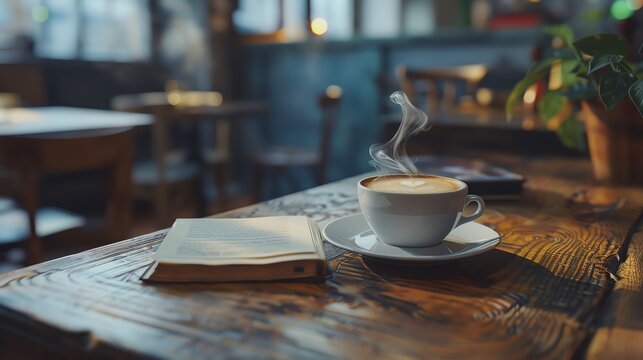 Detailed close-up of a wooden table with a steaming cup of coffee and an open book, inside a charming restaurant