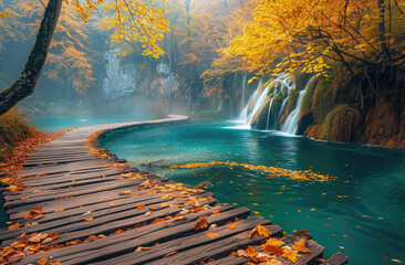 Wall Mural - Photo of Plitvice National Park in Croatia, showing autumn colors, a waterfall and wooden boardwalks in the style of the park.