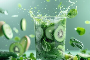 Green smoothie in a glass with flying ingredients: kiwi slices, cucumber and spinach leaves. Healthy Green Vegan Drink. Splash green juice.