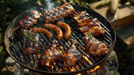 Wall Mural - A barbecue party with grilled chicken quarters, ribs, and sausages cooking over hot coals.