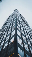 Symmetrical glass-adorned skyscraper standing tall on city corner, enhancing modern cityscape view