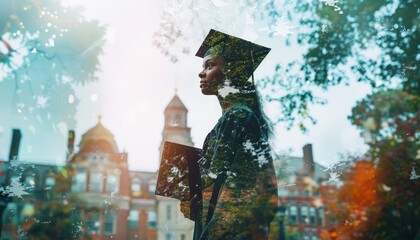 A double exposure image of a student holding a diploma, with a university campus superimposed in the background.