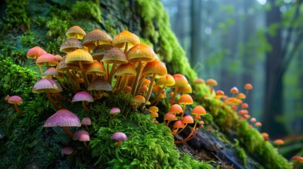 Fototapete - A cluster of colorful mushrooms sprouting from the base of a moss-covered tree in the woods.
