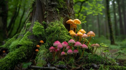 Fototapete - A cluster of colorful mushrooms sprouting from the base of a moss-covered tree in the woods.