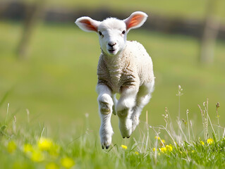 Baby lamb happily leaps through vibrant green field, bathed in golden sunlight, while mom watches nearby.